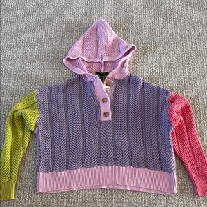 New Forever 21 Knit Crochet Color Block Hoodie Sweater S Pink Purple Green